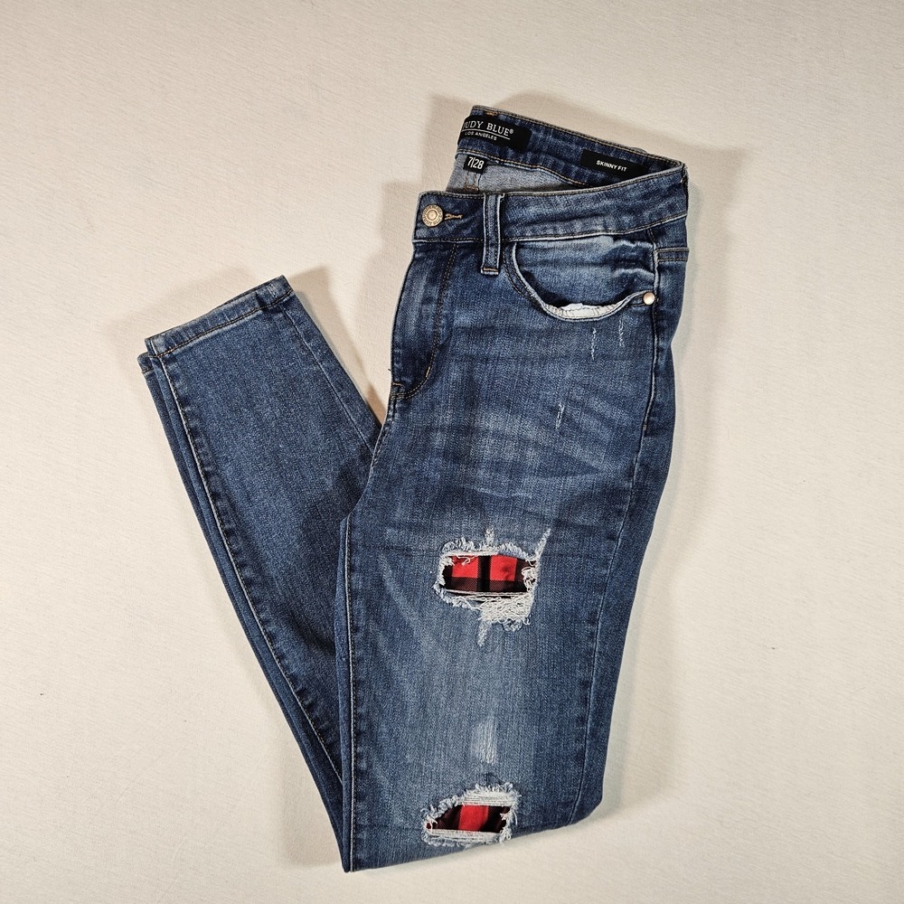 Judy Blue‎ Jeans Women 7/28 Blue High Rise Skinny Distressed Flannel Patches